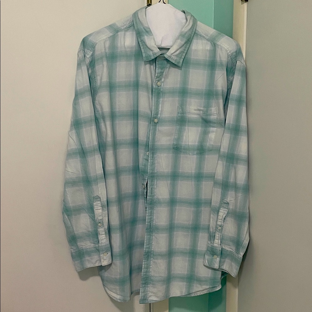 Men's mint green and cream plaid long sleeve shirt